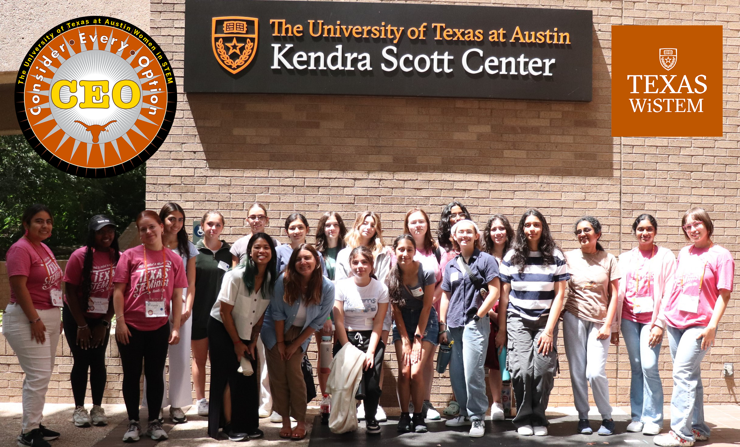 Women in STEM (WiSTEM) camps group photo of camp participants with CEO logo and WiSTEM logo